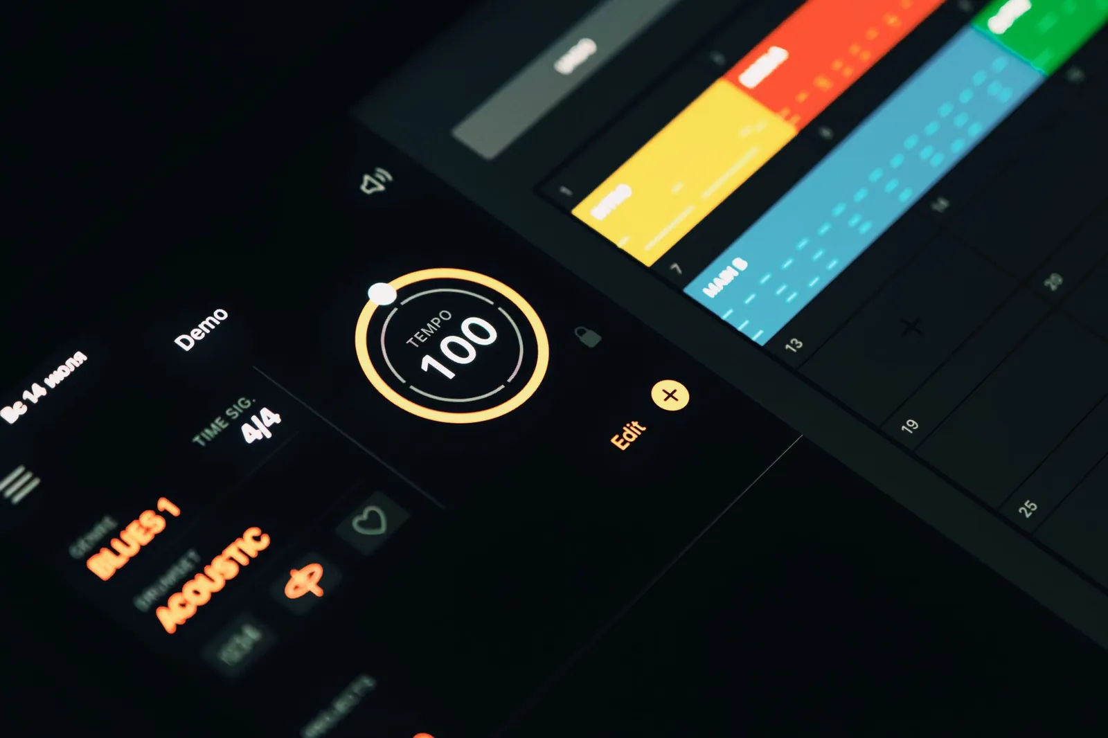 A dark game interface panel with a tempo dial, track lanes and a highlighted edit control, marked up for review